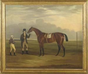 Chorister, A Bay Racehorse Held By A Groom, With A Jockey, On Aracecourse by William Nedham
