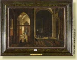 Huile Sur Panneau <interieur Anime De La Cathedrale D""anvers (?)>