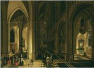Church Interior Of The Antwerp Cathedral At Night, With Figures Ina Procession To The Left by Pieter Neefs The Elder, Frans The Younger Francken