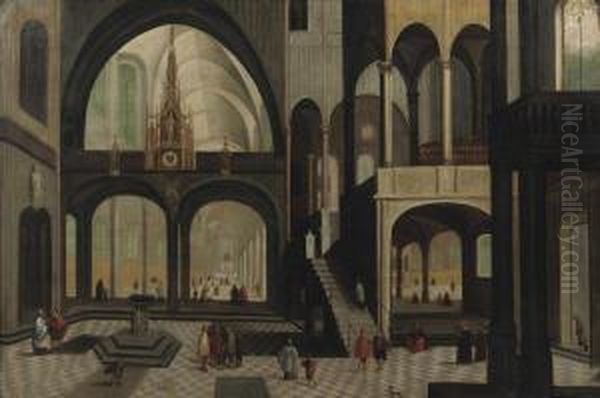 The Interior Of A Gothic Church With Elegant Figure Sconversing - view 1
