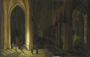 Interior Of A Cathedral By Candlelight by Pieter Ii Neefs