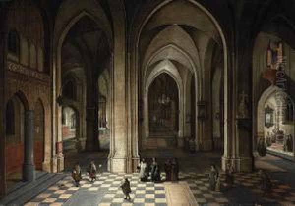The Interior Of A Cathedral At Night, With Elegant Figuresattending A Mass - view 1