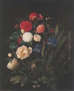 Still Life Of Irises, Wild Roses And Ranunculus by Hermania Sigvardine Neergard
