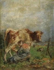Koe In De Wei, Gemolken Doorgeknielde Boerin by Jan C. Neervoort