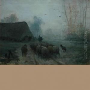 Herdsman And Sheep On A Misty Road by Martinus Jacobus Nefkens