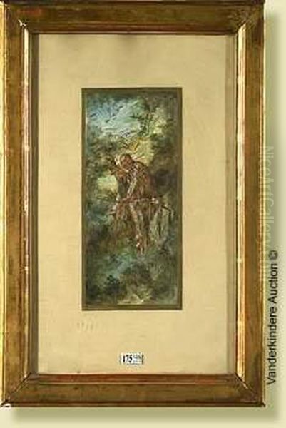 Indienen Embuscade Dans Un Arbre, Aquarelle Sur Papier. Signee En Bas Agauche V. Nehlig. Ecole Francaise. Dim.: 27,5x13cm - view 1