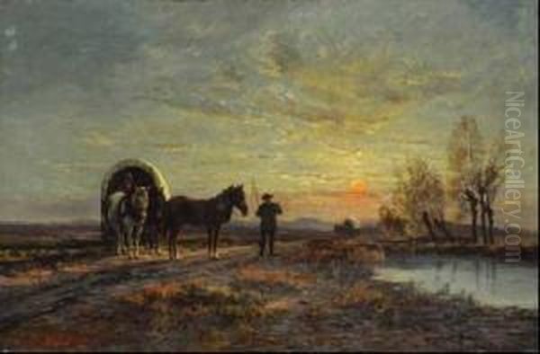 Planwagen Mit Einem Paar Bei Sonnenuntergang. - view 1