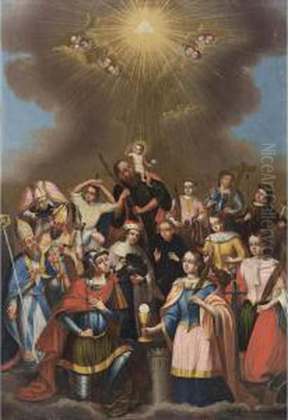 Christ Together With Fourteen Saints, Including St. Barbara, St. Christopher, St. George, St. Hubertus, St. Catharine Of Siena, All Underneath The Trinity - view 1