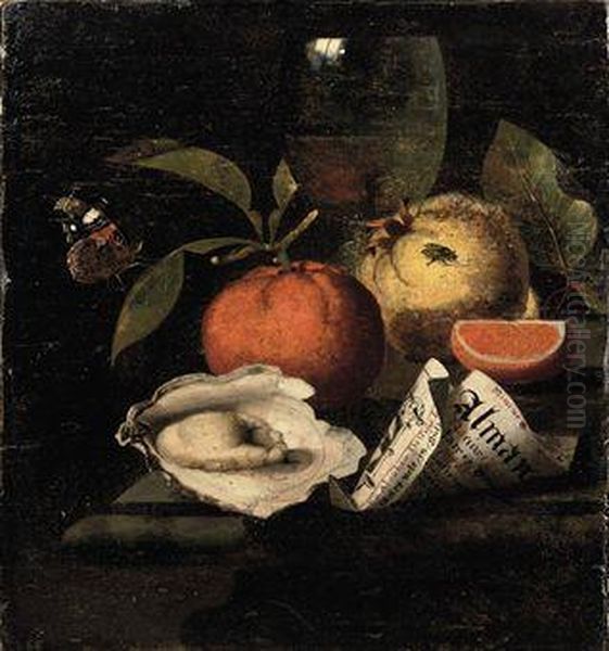 An Orange, A Quince, An Oyster, A Partly Rolled-up Leaflet, A Wineglass, A Red Admiral Butterfly And A Fly, All On A Marbleledge - view 1