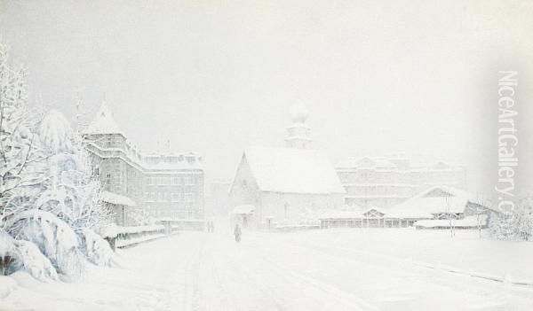 Figures Walking Through A Snow Covered Town - view 1