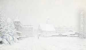 Figures Walking Through A Snow Covered Town by George Nelson