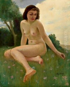 Akt Einer Jungen Frau In Landschaft by Augustin Nemejc
