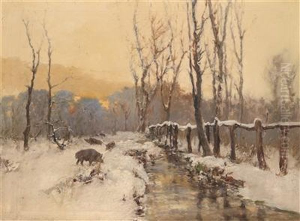 Wild Boar By A Stream In Winter - view 1