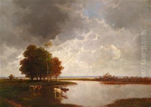 Teichlandschaft Mit Kuhen Im Vordergrund