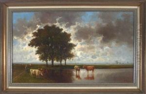 Bauerin Mit Vier Kuhen Am Ufer In Weiter Bewolkter Landschaft by Heinrich Neppel