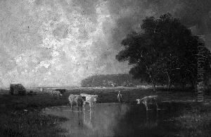 H. "kuhe Am Wasser". Sign. Ol Auf
Karton. 19,5 X 28,5 Cm. Rahmen by Heinrich Neppel