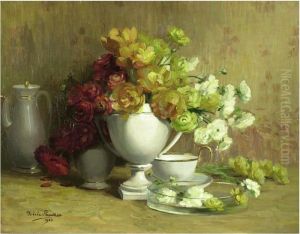 Still Life Of Flowers And Coffee Service by Jane Neree-Gautier