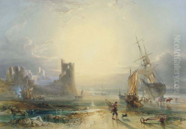 Unloading The Catch Before A Ruined Castle At Sunset - view 1