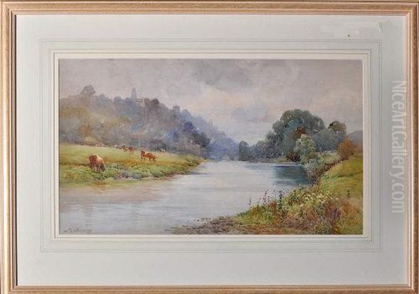Cattle Grazing Along The Bank Of A River With A Town In The Distance - view 1