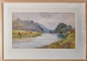 Cattle Grazing Along The Bank Of A River With A Town In The Distance by Arthur Netherwood