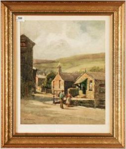 Watercolour, 
Farmerchatting To A Pretty Young Girl Outside Cottages In A Villagescene