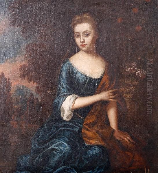Portrait Of A Lady, Three-quarter-length, In Ablue Silk Dress, A White Chemise And A Gold Shawl, Seated, Beforean Open Landscape - view 1