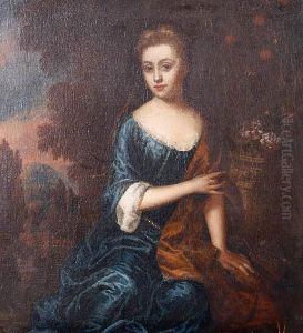 Portrait Of A Lady, Three-quarter-length, In Ablue Silk Dress, A White Chemise And A Gold Shawl, Seated, Beforean Open Landscape