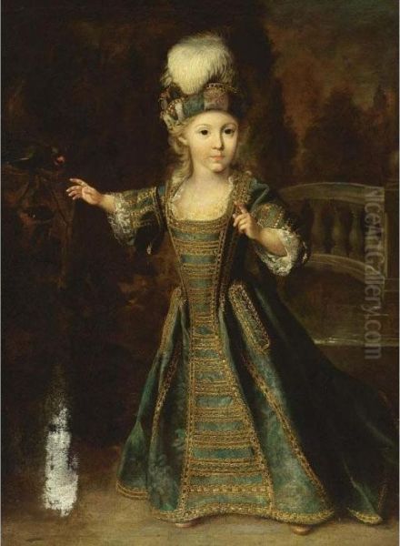 A Portrait Of A Young Boy, Standing Full Length, Wearing A Blue With Golden Embroidery Dress And A Hat With Feathers, In A Park Setting, Together With A Parrot - view 1