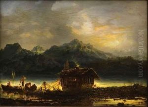 Pecheurs Sur Un Lac De Montagne