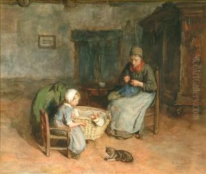 A Kitchen Interiorwith Mother Sowing And Child Playing With A Catwatercolour