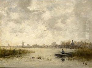 An Angler In A River Landscape by Joseph Hendrikus Neuhuys