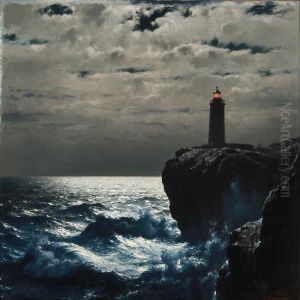 Rocky Coast With A Lighthouse That Lights In The Moonlight by Carl Johan Neumann