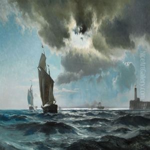 Seascape With Ships Near A Pier At Night