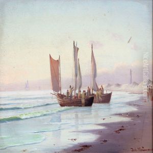 Beach Scenery With Fishermen by Johann Neumann