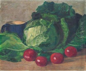 Stilleben Mit Tomaten, Kohl Und Blauem Krug Stilleben Mit Tomaten, Kohl Und Blauem Krug