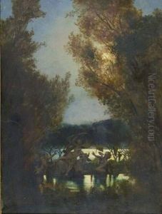 Waldinneres Mit Fluss Und Mythologischer Szene. by Eugen Neureuther