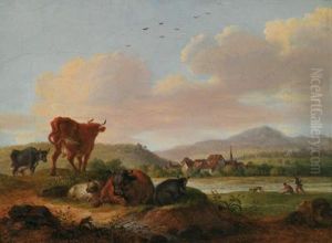 Paesaggio Meridionale Con Vacche In Riposo E Un Villaggio Sullo Sfondo Paesaggio Meridionale Con Vacche In Riposo E Un Villaggio Sullo Sfondo