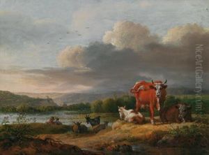 Paesaggio Meridionale Con Vacche In Riposo E Pastori Sullo Sfondo Paesaggio Meridionale Con Vacche In Riposo E Pastori Sullo Sfondo