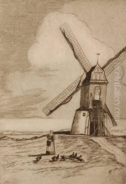 Woman Feedingchickens Outside A Windmill - view 1