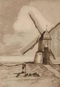 Woman Feedingchickens Outside A Windmill