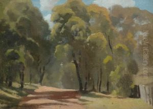 Landscape With Path Oil Onboard Signed 'a.e. Newbury' Lower Left 22 X 30 Cm