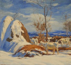 Winter Grazing With Haystacks. by George Glenn Newell
