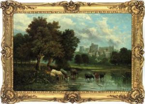 Cattle Watering On The Thames With Windsor Castle Beyond by Harry Foster Newey