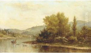 A River Landscape With Figures In A Boat And Cattle Watering by Kate W. Newhall