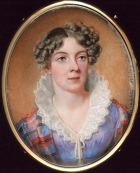 A Lady, Wearing Lilac-blue Dress With White Starched Collar Tied With Tassels And Tartan Shawl Over Her Shoulders, Her Brown Hair Curled. - view 1