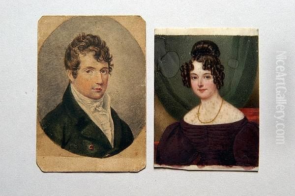 A Portrait Of A Young Lady, Her Hair Ornately Dressed With Ringlets And Having Brown Eyes, Wearing A Claret Coloured Gown And Gold Necklace - view 1