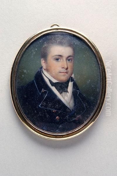 A Young Gentleman Having Fair Hair And Blue Eyes And Wearing A Blue Coat With Gold Buttons, White Shirt And Waistcoat And Black Stock, Against A Green Stippled Ground - view 1