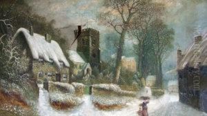British Provincial School Late 19th Early 20th Century- Figures On A Village Street In Winter by Herbert Newy