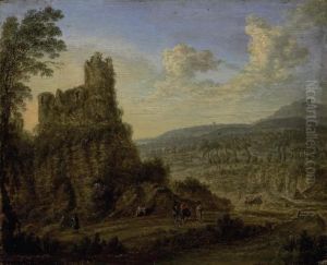 A Mountainous Landscape With Figures Conversing On A Track
