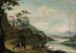 A Wooded Landscape With Figures Crossing A River by Gillis Neyts
